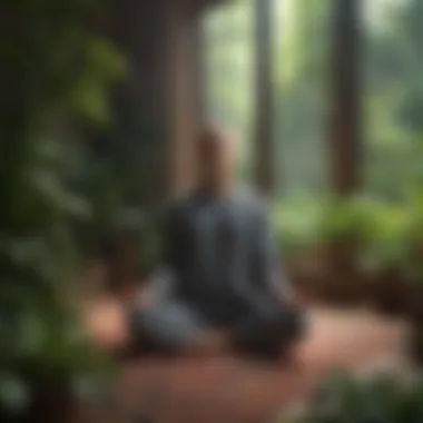An individual meditating in a quiet space surrounded by plants