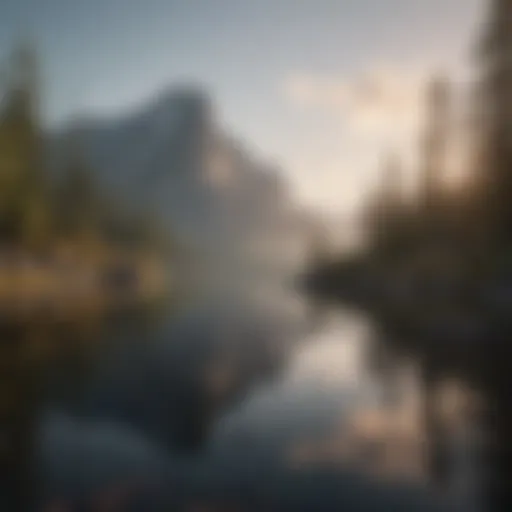 A serene landscape with mountains and a calm lake reflecting the sky