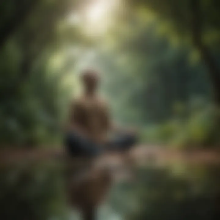 Individual meditating in a tranquil setting surrounded by greenery