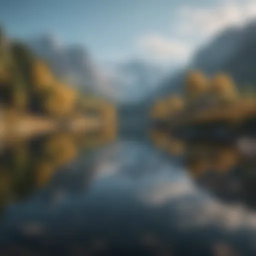 A serene nature scene with a tranquil lake reflecting mountains