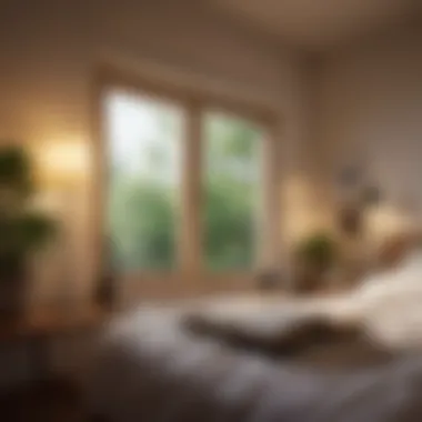 A peaceful bedroom with soft lighting and an open book on the bedside table