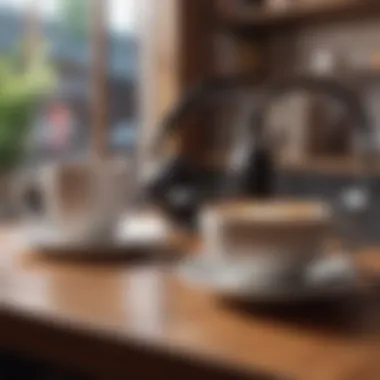 A pair of headphones resting on a coffee shop table amidst a warm beverage