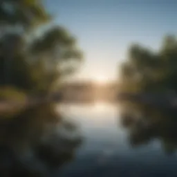A serene landscape with calm waters reflecting a clear sky, symbolizing tranquility.