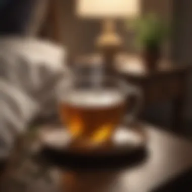 A warm cup of herbal tea on a bedside table