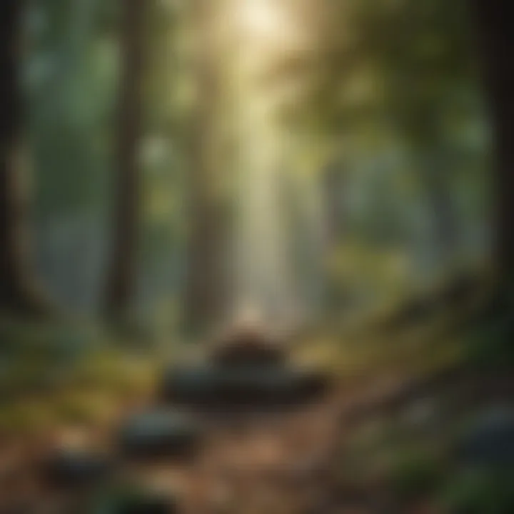 A calming nature scene with soft sunlight filtering through trees