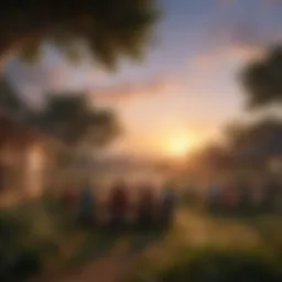 A serene landscape depicting a peaceful sunset over a community gathering