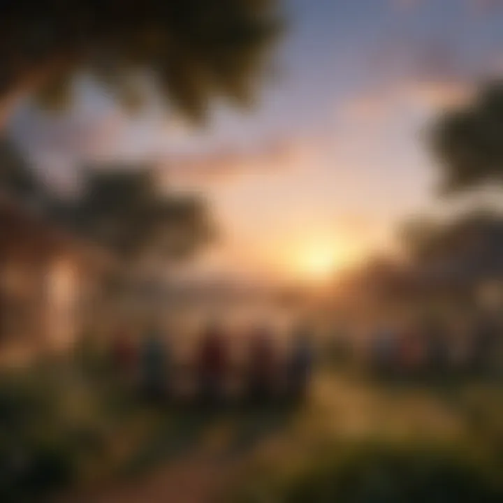 A serene landscape depicting a peaceful sunset over a community gathering