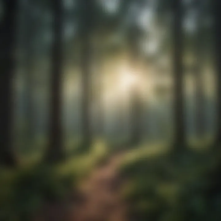 A serene forest scene with dappled sunlight filtering through the trees