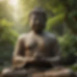 A serene Buddha statue surrounded by nature, symbolizing tranquility and happiness.