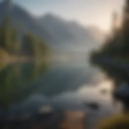 A serene landscape depicting a peaceful lake surrounded by mountains at dawn