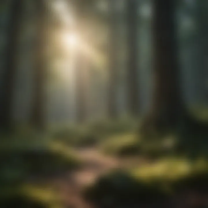 A peaceful forest scene with sunlight filtering through trees