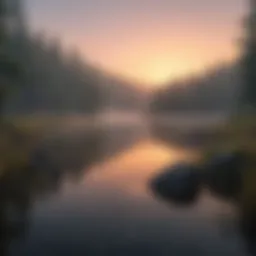 A serene lake at sunrise with mist hovering over the water