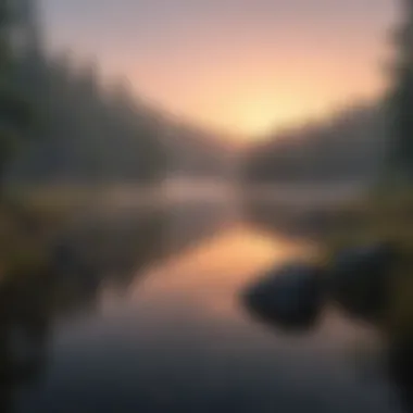 A serene lake at sunrise with mist hovering over the water