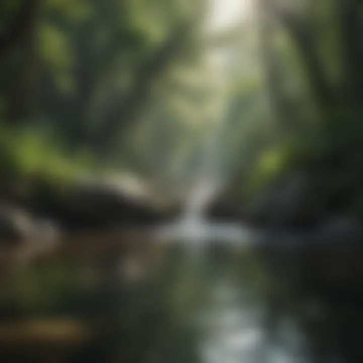 Portrait of a serene nature scene with flowing water and soft greenery