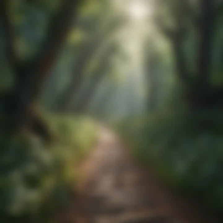 A serene landscape with a winding path through a forest