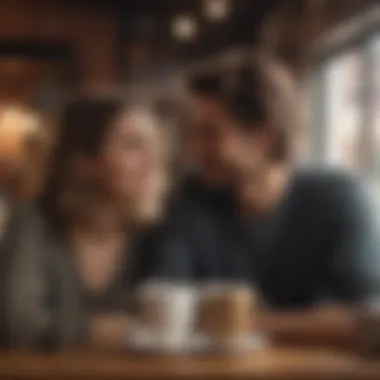 A cozy coffee shop setting with a couple sharing a moment