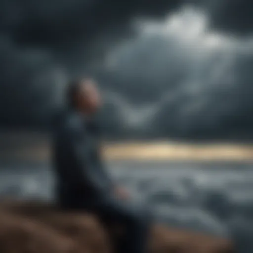 A contemplative figure lost in thought amidst a backdrop of dark clouds