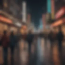 A vibrant city street bustling with diverse individuals engaged in conversation.
