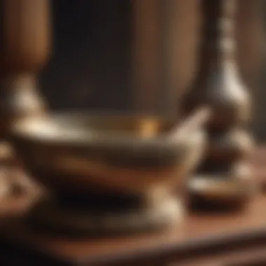 A close-up of musical instruments like a Tibetan singing bowl and chimes, representing spiritual music.