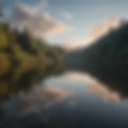 A serene landscape with a tranquil lake reflecting the sky