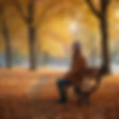 Lost in Autumn A person sitting on a park bench, surrounded by autumn leaves, embodying a sense of loss.