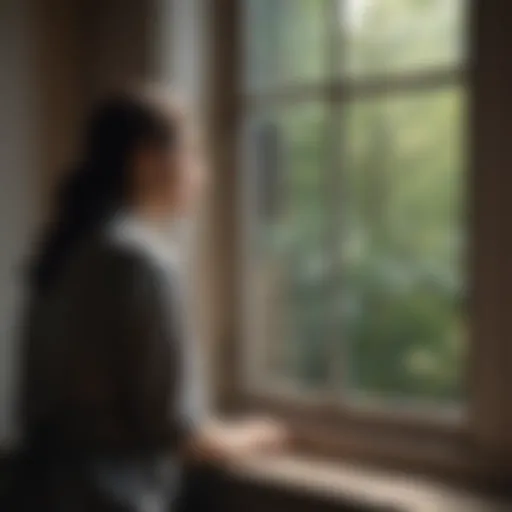 A solitary figure gazing out a window, reflecting on their emotions.