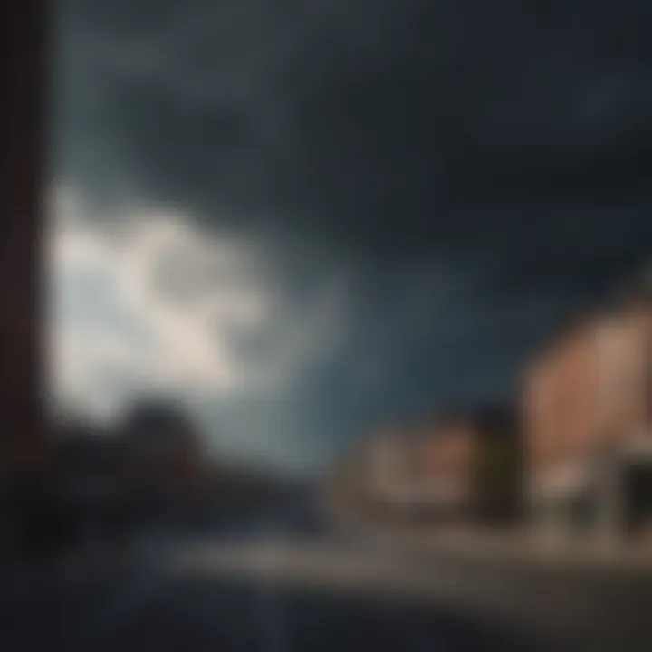 A dark cloud hanging over a cityscape, illustrating societal challenges.