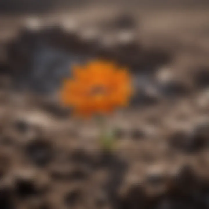 A vibrant flower emerging from cracked soil, signifying resilience and empowerment.