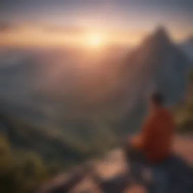 An individual meditating on a mountain top with a sunrise