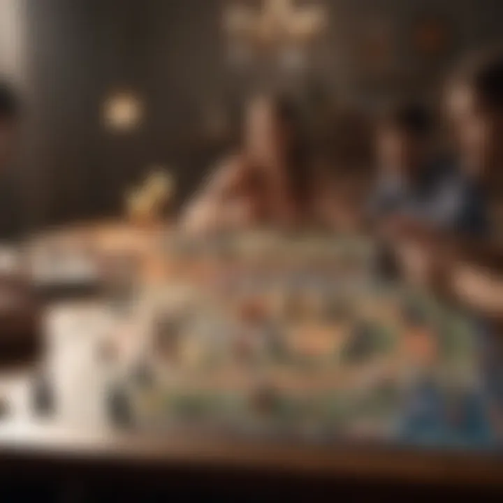 A group of individuals engaged in a lively board game night, showcasing social interaction.