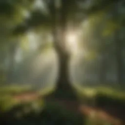 Tranquil nature scene with soft sunlight filtering through leaves