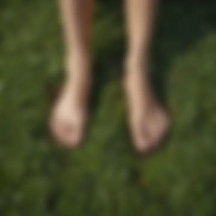 Close-up of feet on grass symbolizing grounding