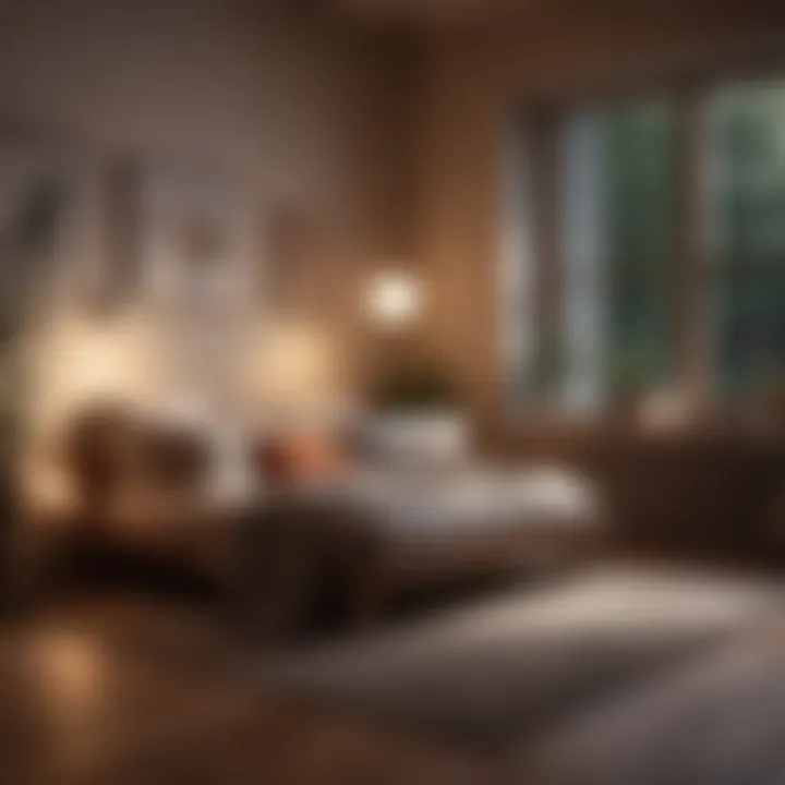 Cozy reading nook with soft lighting and cushions