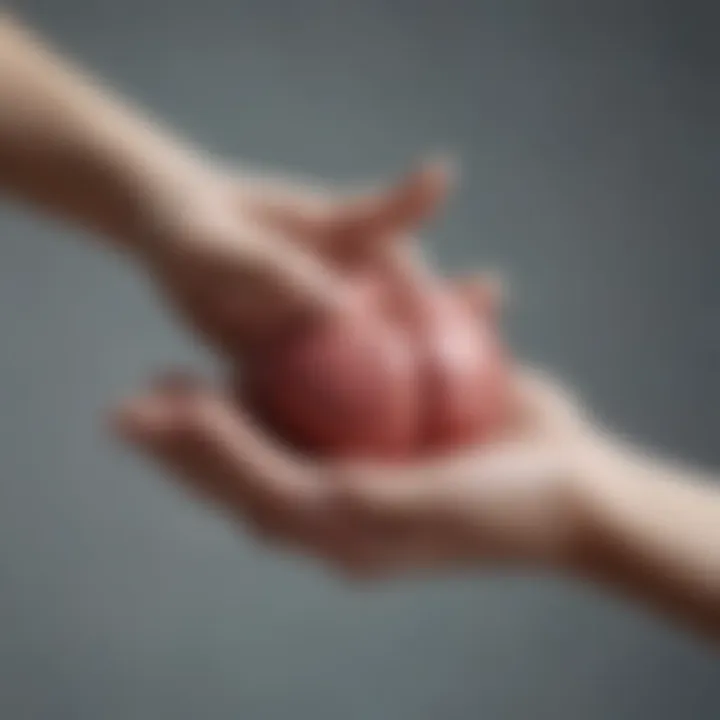 A close-up of a gentle hand placed on the heart in a meditative pose.