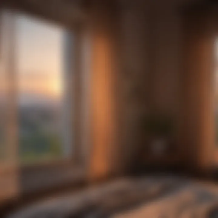 Sunrise view from a window with curtains