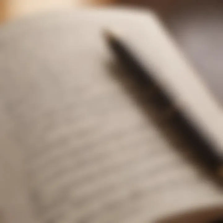 A close-up of a journal with a pen resting on an open page filled with handwritten quotes