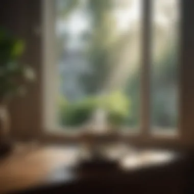 A peaceful morning scene featuring a steaming cup of tea next to a window with sunlight streaming in