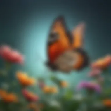 Butterflies fluttering around vibrant flowers, illustrating growth and transformation