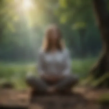 An individual sitting cross-legged in a peaceful outdoor environment.