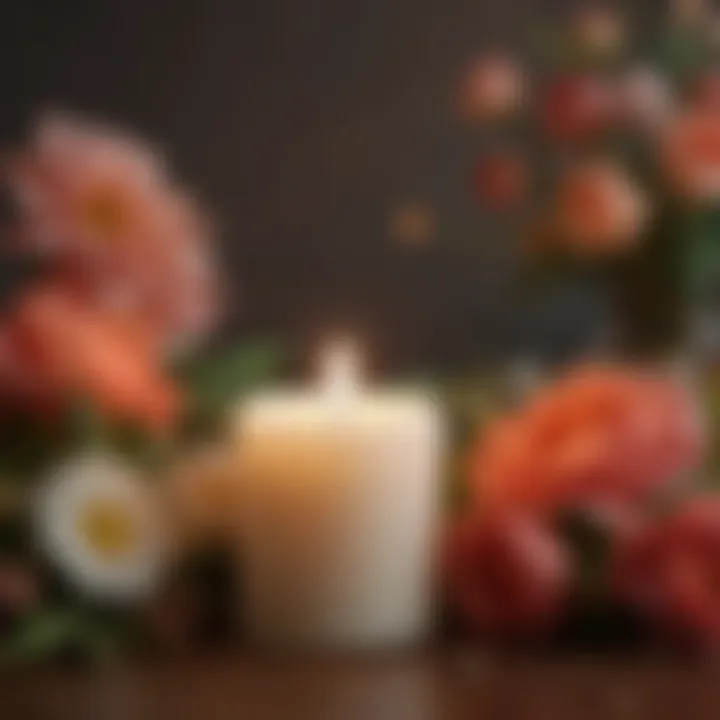 A close-up of a lit candle surrounded by flowers, representing remembrance and honoring loved ones.