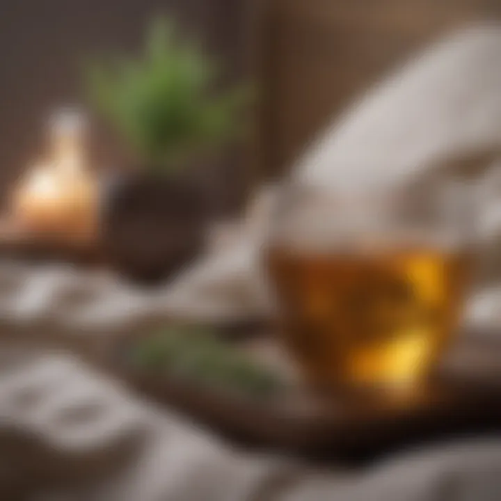 Close-up of calming herbal tea next to a bedside