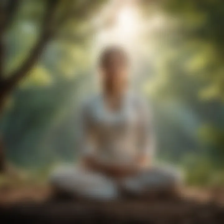 A peaceful figure meditating in nature, enveloped in a soft glow