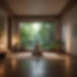 A tranquil scene depicting a serene meditation space with soft lighting and calming elements