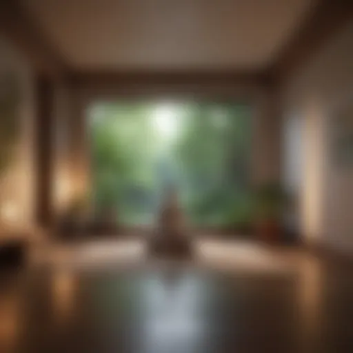 A tranquil scene depicting a serene meditation space with soft lighting and calming elements