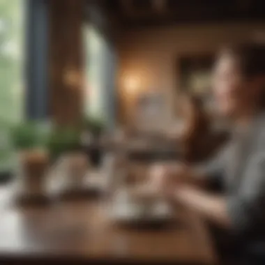 A cozy café setting with two individuals sharing a laugh over coffee.