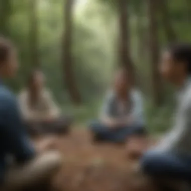 A group of diverse individuals engaging in a lively discussion outdoors.