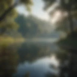 A serene landscape depicting a calm lake surrounded by trees.