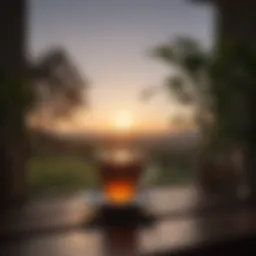 A serene sunrise viewed from a window with a cup of tea