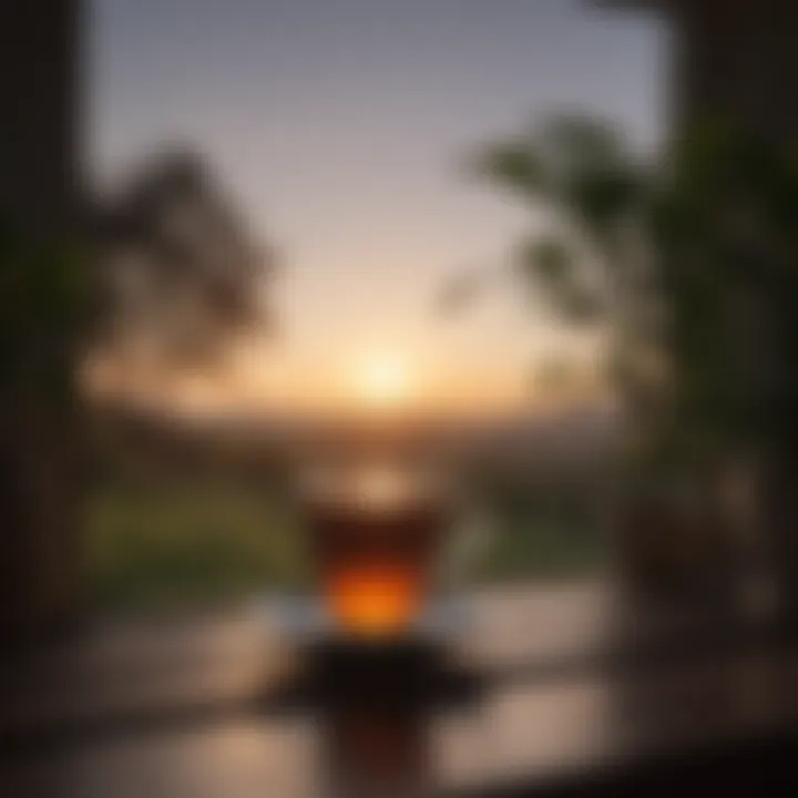 A serene sunrise viewed from a window with a cup of tea