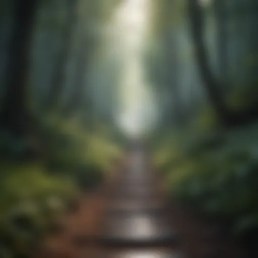 A serene landscape depicting a pathway leading through a dense forest